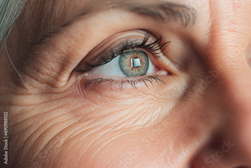 Close up of blue eye of senior woman