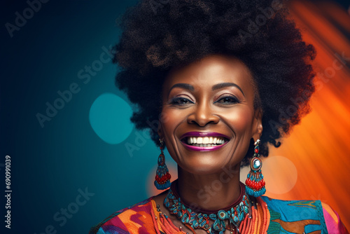 Mature mid aged dark skin woman with black afro hair isolated in shiny abstract background, happily smiling black woman wearing fancy jewelries and colorful cloths close up portrait, healthy skin care