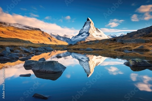 riffelsee lake and matterhorn mountain reflection in the morning beautiful landscape