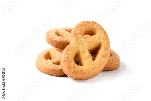 Danish butter cookies macro cutout. whole pretzel biscuits with sugar isolated on white