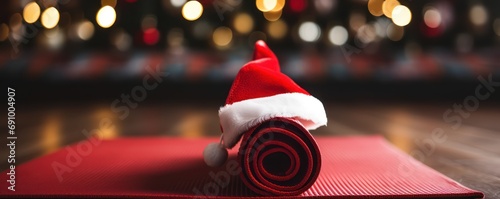 Close up of yoga mat with Santa Clause hat with home decorated for Christmas, New Year. 