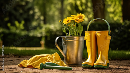 Ogrodnictwo — narzędzia dla ogrodnika i doniczki z sadzonkami w słonecznym ogrodzie.