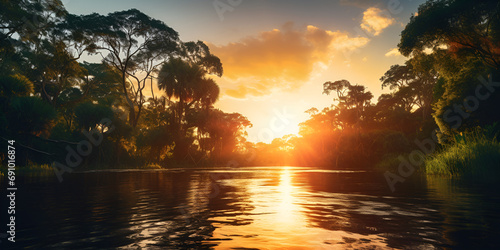 sunset on the lake,Point of view shot of river in morning sun tree silhouette golden hour concept,Amazon River ,Amazon Rainforest Sunset ,Tranquil scene of beauty in nature sunset generated by AI