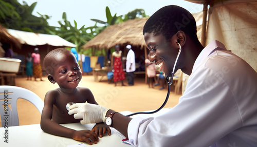 A young male doctor in a remote African village carries out a a health check on a young African boy.