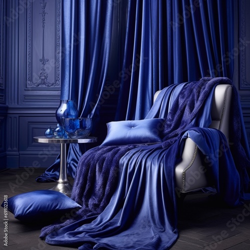 Create a harmonious scene with silky fabrics in deep cobalt blues and shimmering silver, exuding the richness and depth of a royal - Image #2 @asad khan