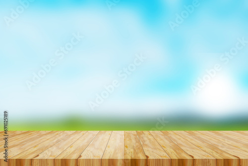 Empty wood table top on blurred of Sky blue with green rice field background. Sky cloud clear
