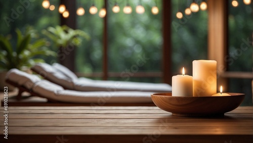 Spa and relaxation concept with comfy beds and burning candles on the wooden table in blurred natural background