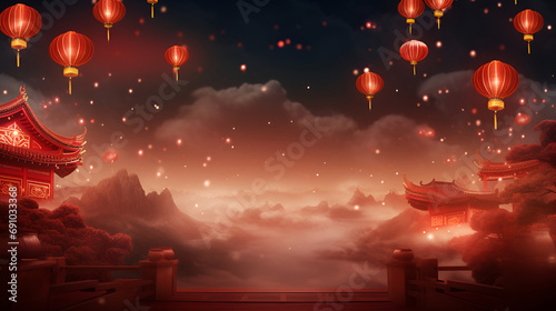 A celebratory scene with Chinese red lanterns and ancient temples, creating a festive atmosphere