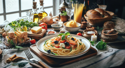Spaghetti in a white plate Served in restaurants Complete with various condiments, photos and copy space.