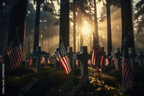 Military cemetery with American flags
