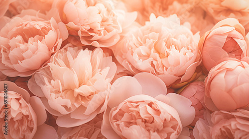 close up macro of beautiful peonies in peach fuzz color of the year 2024
