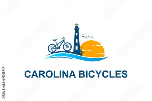 Cycling sport logo on the north carolina coast, with sunset views and lighthouse building.