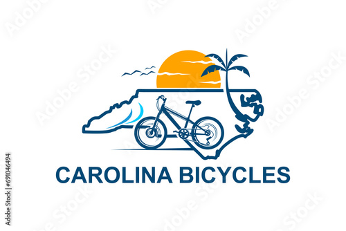 Cycling sport logo on the north carolina coast, with sunset views and coconut tree.
