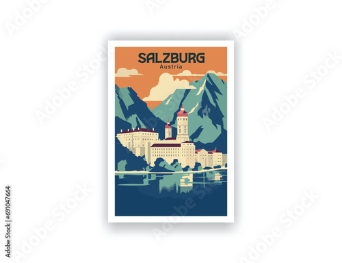 Salzburg, Austria. Vintage Travel Posters. Vector illustration, art. Famous Tourist Destinations Posters Art Prints Wall Art and Print Set Abstract Travel for Hikers Campers Living Room Decor 