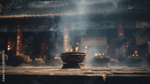 In front of an ancient temple, Chinese people piously burn incense and pray for blessings, and the atmosphere is solemn and solemn, capture photography, photo grade, FHD, high detail 