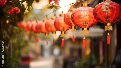 Red and gold lanterns hanging on a street, in the style of eastern and western fusion, feminine sensibilities, pretty, captivating 