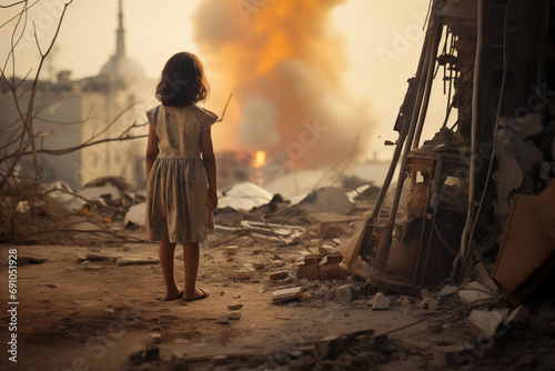 The little orphan girl is crying in front of building destroyed by a missile attack