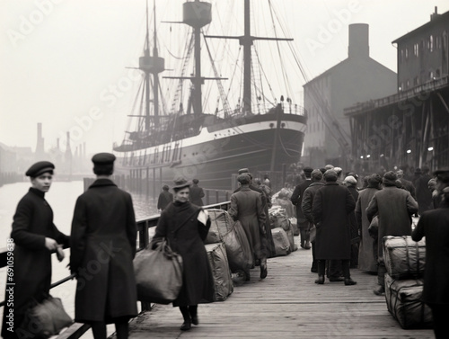 A black and white photo capturing immigrants arriving at a dock in the early 20th century.