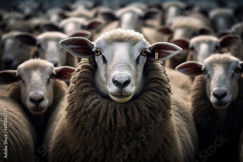 a black sheep standing out in a crowd of white sheep. The black sheep symbolizes the concept of being different or standing out from the crowd