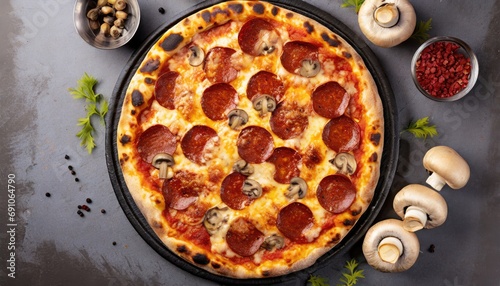 large, freshly baked pepperoni and mushroom pizza sitting on a pan
