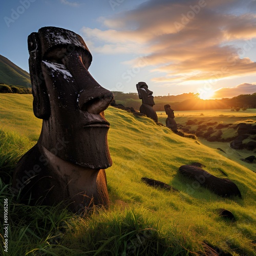 Moai , statues of Easter Island , evening photo created with Generative AI technology