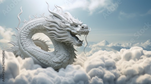 White dragon rising into the sky above the clouds, in the style of confucian ideology, rendered in maya, made of rubber, flickr, realistic forms, stylish,