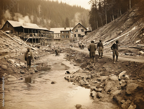 An historical black and white photograph showing the gold rush era in the late 1800s.