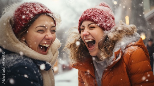 Two women engaged in a friendly snowball fight, their expressions of joy and camaraderie frozen in a moment of playful winter fun