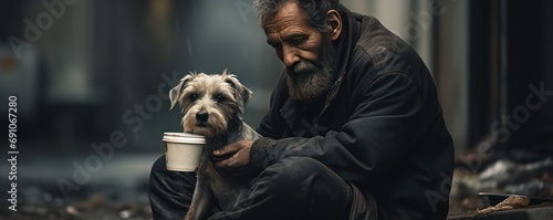 Portrait of old African American homeless man sitting on street and eating with his hungry dog. 