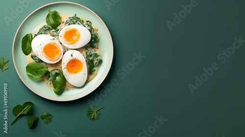 Boiled eggs with fresh herbs in a plate on the table.