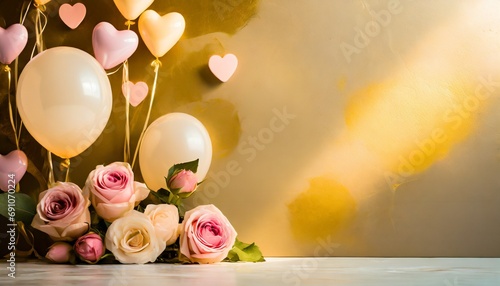 sfondo oro con palloncini, cuori e rose generato con ai