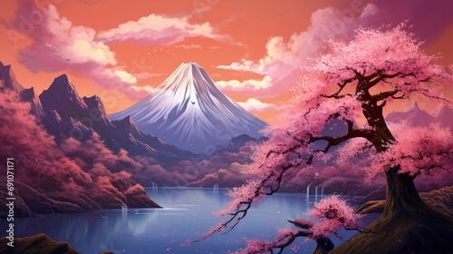 Oriental background, digital art. Illustration of a dawn mountain fantastic landscape with waterfalls and blooming sakura