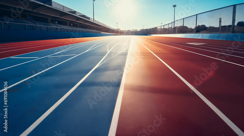 Blue and orange running tracks where athletes are sprinting during a world championship competition to determine a winner. Summer outdoors stadium, tournament event concept, textured surface