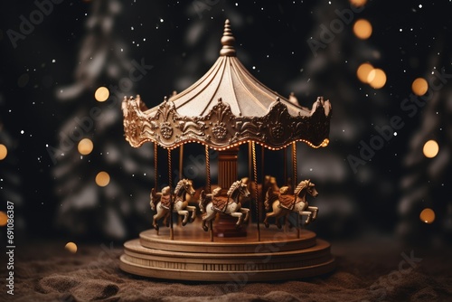 Vintage musical carousel toy on blurred background with Christmas tree and golden lights. Merry Go round. Childhood magic concept. Christmas eve. New Year and winter holidays greeting card