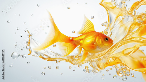 on a white background, a goldfish swims in a goldfish with a long beautiful tail on a white background splashes
