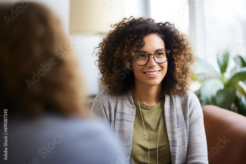 Woman having therapeutic session with phycologist