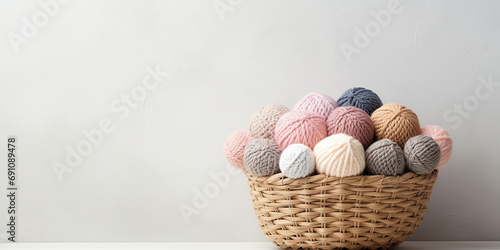 basket with balls of yarn for knitting, crocheting on a white background. handicrafts, hobbies. 
