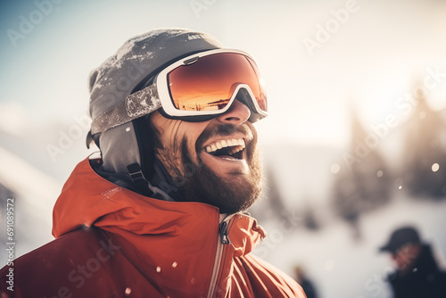 Mann mit Skibrille im Winterpanorama, Skifahren, Snowboardfahren und Langlauf