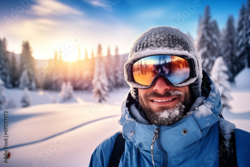 Mann mit Skibrille im Winterpanorama, Skifahren, Snowboardfahren und Langlauf