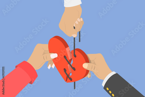 3D Isometric Flat Vector Illustration of Reconciliation , Sewing up a Broken Heart