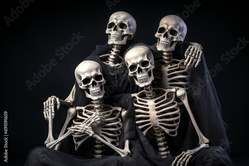 Portrait photo of skeleton family. Funny dead people spending time together