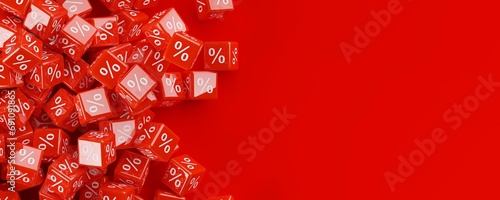 Heap of red cubes or dice with percent sign symbol border on red background, sale, discount or sales price reduction concept, flat lay top view from above