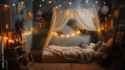 child's bedroom with some fancy lights and a canopy