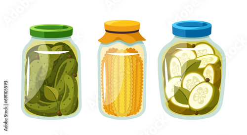 Glistening Glass Jars Showcase Meticulously Pickled Cucumbers And Golden Corn Cobs, Preserves, Cartoon Illustration