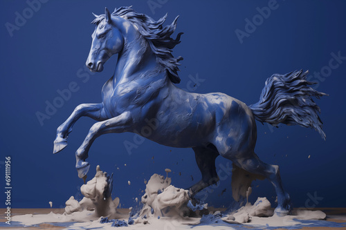 Blue marble horse in mid neigh bucking up as a uniquely colored statue on blue gradient background