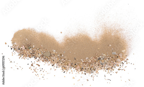 Sand pile scatter with small pebbles isolated on white background and texture, with clipping path, top view