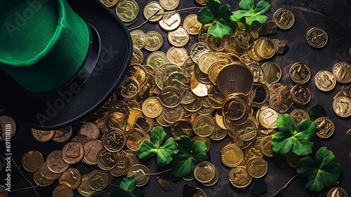St. Patrick's Day concept with a classic green hat, golden coins, and green shamrocks spread on a dark background, perfect for a festive Irish celebration theme with copy space banner