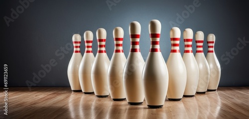  a group of white bowling pins lined up in a row on a wooden floor in front of a dark background.