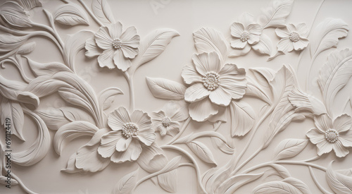 Decorative plaster boho panel for a vintage style wall finish. Wall fragment with Exquisite ornament relief, abstract floral coating, close-up, art deco flourishes.