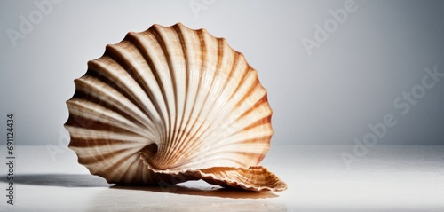 a close up of a seashell on a white surface with a reflection of the back of the shell in the background.